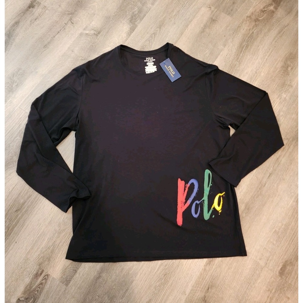 Polo Ralph Lauren XL Long Sleeve Pajama Lounge Shirt Black Logo Paint‎ Splatter
